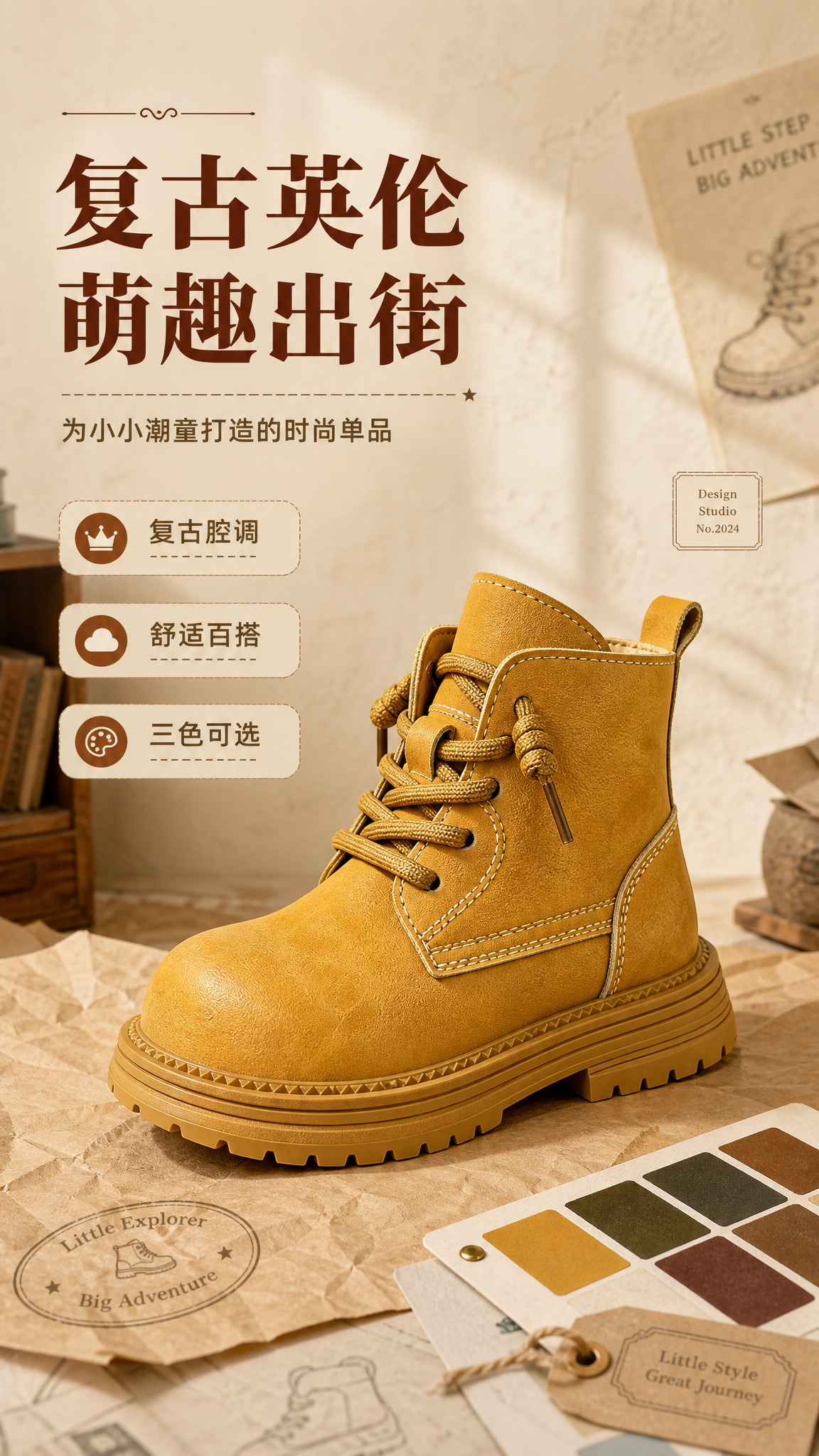 [商品] 使用【图1】姜黄色儿童马丁靴为主视觉；保留高帮系带设… - 图片创意预览