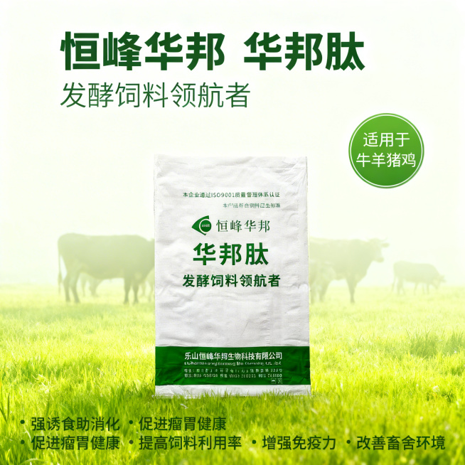 [主图 1 首图品牌展示]，主图主题：华邦肽发酵饲料品牌首图，氛围风格：简约专业农业风，画面元素：华邦肽发酵饲料包装袋居中展示，背景为干净简洁的浅绿色农牧场景，远处有朦胧的健康牛群剪影，光影柔和自然，预览效果