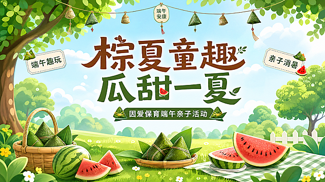 修改这张端午亲子活动海报，调整背景为卡通清爽风格，移除所有真人，保留所有文案和元素：主标题"棕夏童趣 瓜甜一夏"，副标题"因爱保育端午亲子活动"，侧边标签"端午趣玩""亲子消暑"，顶部粽子挂饰，前景保留西瓜和粽子的元素，整体保持16:9比例，风格卡通童趣，背景清爽夏日绿色，色彩明快，排版不变，文字清晰不遮挡，保留所有原有文案和装饰元素，只替换背景和移除真人改为卡通场景。