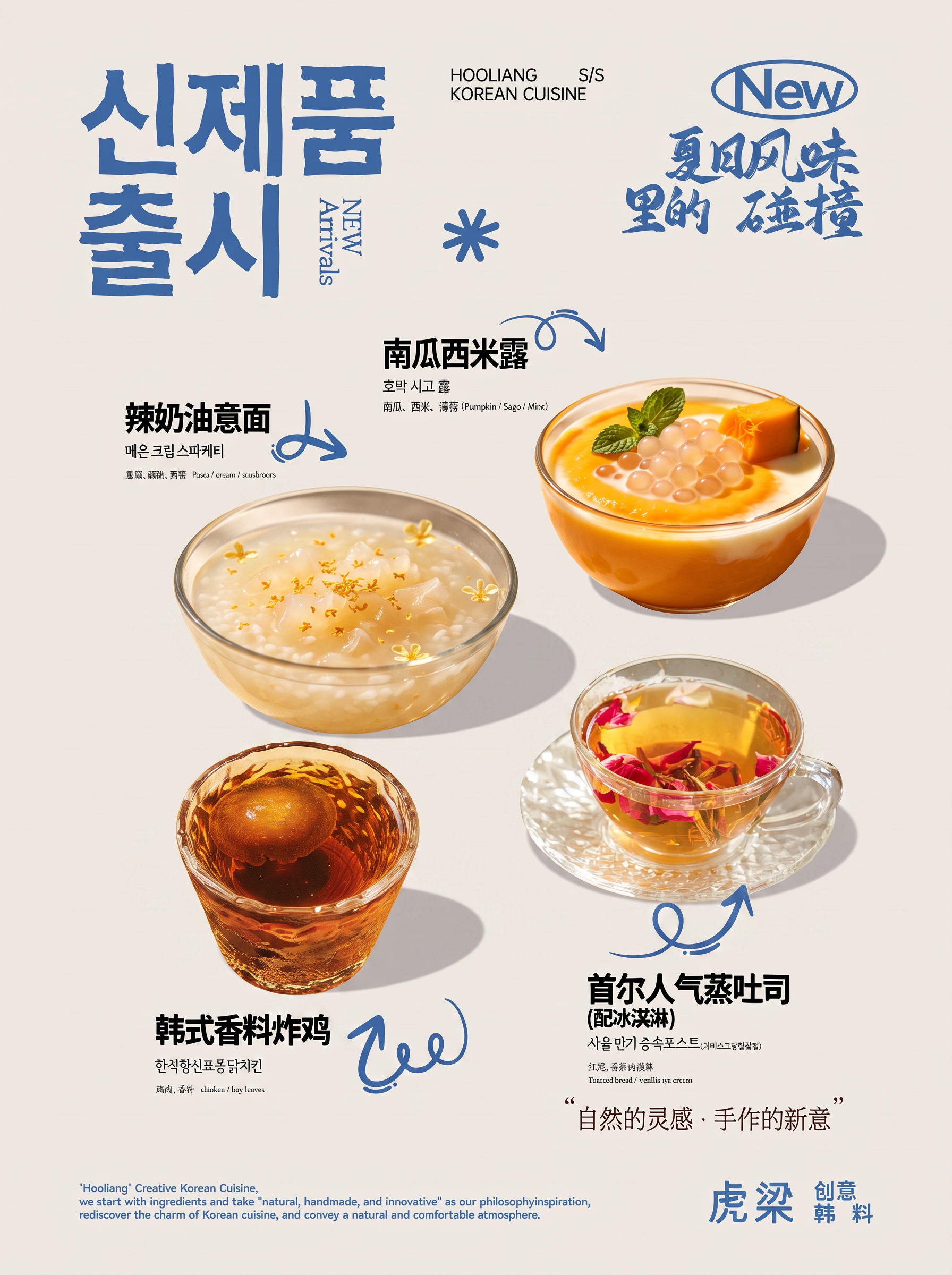 把图2的食物放到图4辣奶油的位置，把图1的饮品放到图4韩式香料… - 图片创意预览