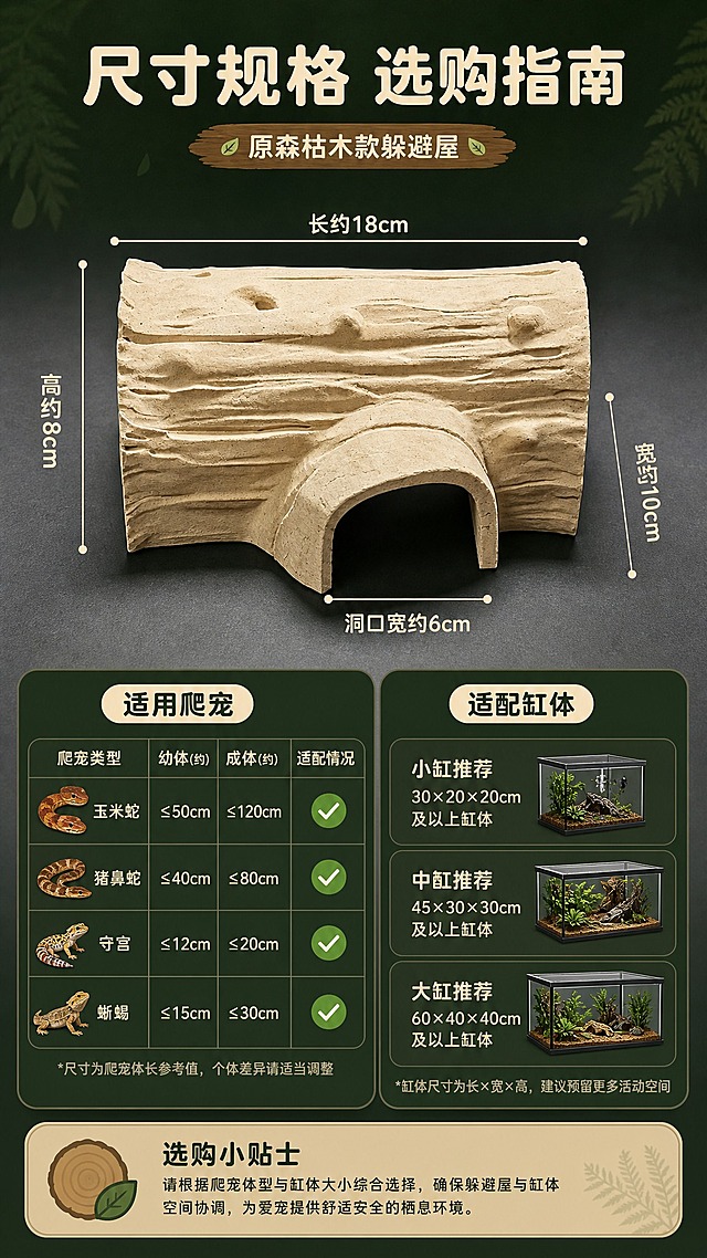[商品] 使用【图2】原森枯木款躲避屋；保留原木色和所有结构细节；正面角度展示尺寸标注。
[画面] 页面目标：尺寸规格与选购指南页，清晰标注产品尺寸，给出适用爬宠体型和缸体尺寸建议，帮助用户正确选购。构图：竖版9:16，上半部分为产品正面标准照，占画面约40%，产品周围有清晰的尺寸标注线和数字，标注长度、宽度、洞口宽度、整体高度等关键尺寸。下半部分为选购指南：左侧是适用爬宠体型对照表（幼体/成体玉米蛇、猪鼻蛇、守宫、蜥蜴的适配情况），右侧是适配缸体尺寸建议（小缸/中缸/大缸）。底部有一个圆角选购小贴士。
[视觉] 套系策略：风格=高级自然森系商业摄影；标题字=圆润无衬线粗体；正文字=简洁圆润无衬线体；主色=深森林绿；背景延展=深森林绿渐变、微弱纹理；强调色=原木暖棕色；标题色=米白色；正文色=浅米色；组件=圆角信息表格、细尺寸标注线、爬宠图标；光影=正面柔光，产品清晰平整。
[文字] 顶部主标题："尺寸规格 选购指南"。尺寸标注数字清晰可见（标注：长约18cm 宽约10cm 高约8cm 洞口宽约6cm，用"约"字保守表达）。下半部分表格标题："适用爬宠"和"适配缸体"。底部小贴士："手工测量略有误差 以实物为准"。文字全部横排，表格内文字清晰可读。
[规格] 图片比例9:16竖版，4K，避免变形、错字、文字过小、尺寸标注混乱、产品颜色改变、水印、极限词、精确虚构尺寸。