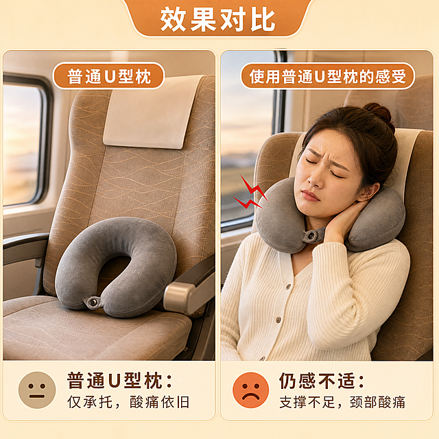 对比示意图，左侧是一个普通U型枕放在座椅上，旁边配文字"普通U型枕：仅承托，酸痛依旧"，右侧是一位乘客戴着普通U型枕但仍皱眉揉着脖子，表情不适，背景是交通工具座椅，整体画面清晰，信息图风格，简洁明了，暖色调