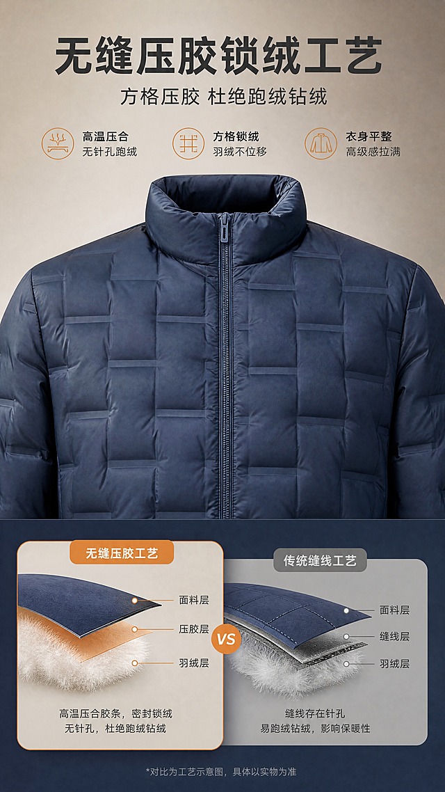[商品] 使用【图1】藏青色立领轻薄羽绒服；商品处理：保留立领、方格压胶结构、主拉链、拉链侧袋、弹力收口袖口、藏青颜色和轻薄面料；自然去除衣身杂乱褶皱，理顺版型，增强面料纹理、压胶格纹、拉链和五金质感，不改变版型和结构。
[画面] 目标：无缝压胶锁绒工艺卖点页，展示方格压胶结构优势。构图：上半区羽绒服正面局部放大（胸部方格压胶区域特写），清晰展示压胶格纹平整度；下半区工艺剖面示意+对比说明（传统缝线vs无缝压胶）。主体占画面60%，背景为暖灰哑光质感。
[视觉] 套系策略：风格=国内电商高级商务保暖服饰商业摄影；标题字=现代无衬线粗黑体；正文字=简洁无衬线体；主色=深藏青+暖驼色；背景延展=基于深藏青做深浅层级、暖灰渐变和细腻哑光质感；强调色=暖橙色，仅用于小面积图标、引线和标签；标题色=深炭灰；正文色=中暖灰；组件=圆角浅底信息卡、细线引线、图标点缀；光影=左前侧暖柔光，营造温暖高级感。
[文字] 顶部主标题"无缝压胶锁绒工艺"，副标题"方格压胶 杜绝跑绒钻绒"，3个信息点："高温压合 无针孔跑绒"、"方格锁绒 羽绒不位移"、"衣身平整 高级感拉满"，配工艺对比示意，文字横向排版。
[规格] 图片比例9:16竖版，4K，避免变形、错字、文字过小、冷蓝背景、衣服颜色改变、版型失真、极限词。