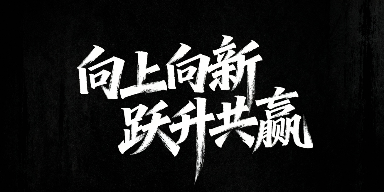 文艺手写字体“向上向新   跃升共赢”，毛笔手写风格，极强的艺术写作风格，视觉震撼，笔画增加水墨笔刷效果，笔画巧妙延长设计变形，黑底白字预览效果