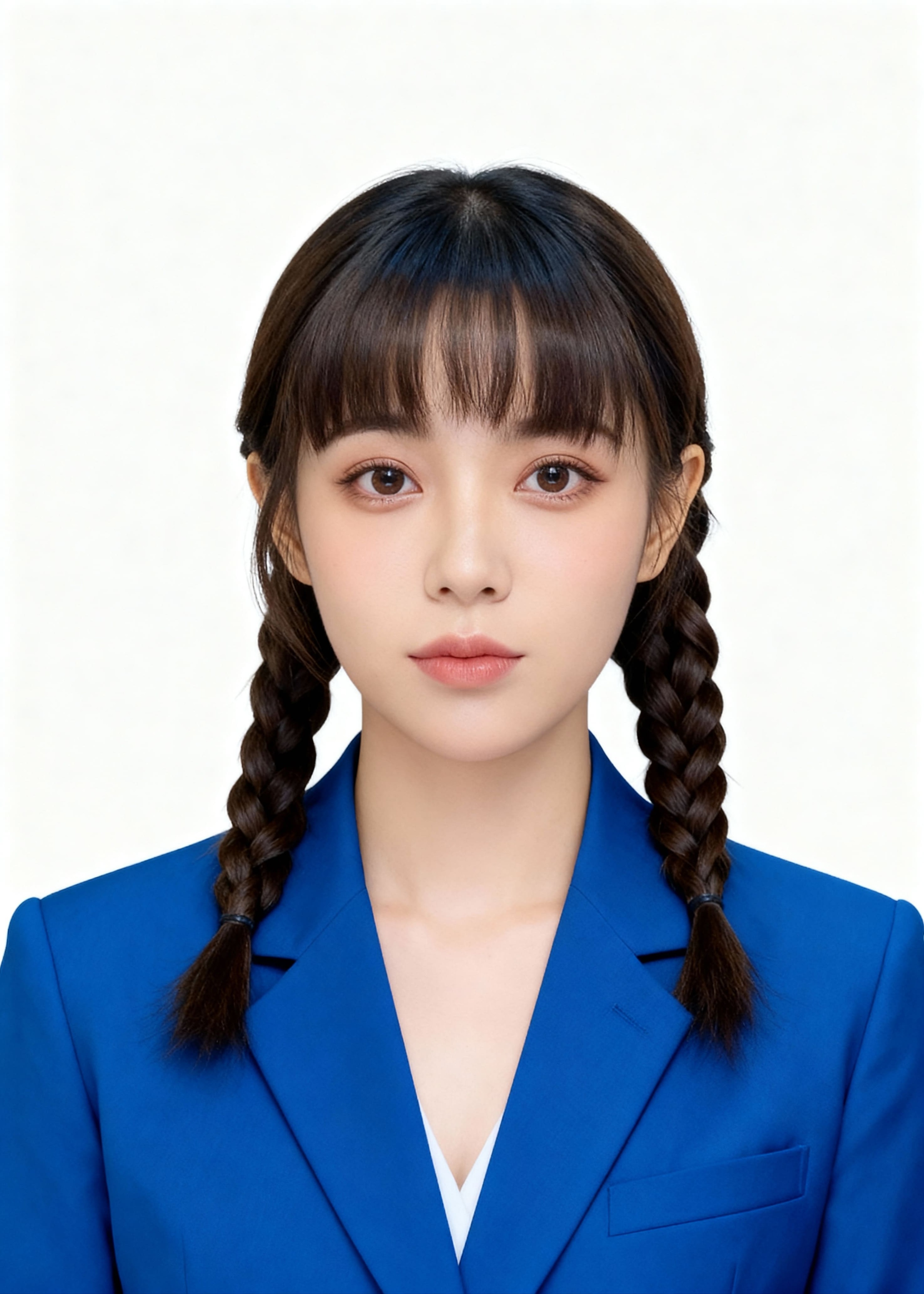 女生，白底证件照，蓝色西装，正面 - 图片创意预览
