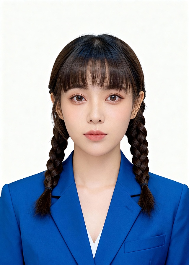 女生，白底证件照，蓝色西装，正面