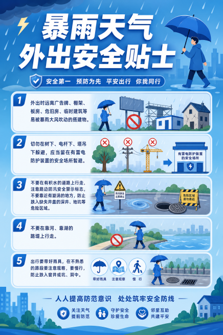 蓝色扁平插画风格暴雨天气外出安全贴士宣传海报，大标题为“暴雨天气 外出安全贴士”，正文包含五条安全提示：
1.外出时远离广告牌、棚架、板房、危旧房、临时建筑等易被暴雨大风吹动的搭建物。
2.切勿在树下预览效果