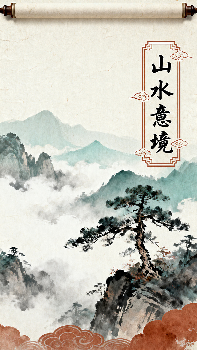 整体为传统中式水墨风格，淡雅写意山水画，留白构图，包含淡墨山水、云雾、苍松、远山，浅青灰+米白+赭石复古配色，带有毛笔书法字体，中式卷轴纹理和宣纸质感，古典淡雅，意境悠远，极简国风，高清细节，电影级质感，边角装饰国风纹样，竖版海报