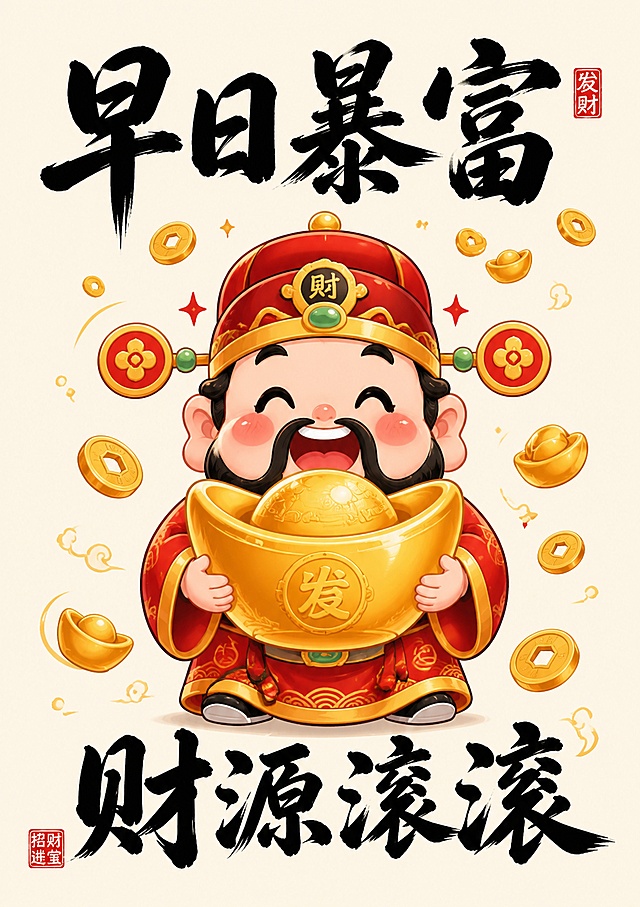 国潮萌趣纯平面装饰画，米白色柔和底色，画面正中间是扛着大金元宝的Q版软萌财神爷，神态元气活泼、笑容灿烂，周围环绕飘飞的铜钱与金元宝，画面上方排布粗黑手写毛笔书法大字「早日暴富」，画面下方排布粗黑手写毛笔书法大字「财源滚滚」，角落配红色方形印章，画风轻松有趣、网感强，精准戳中年轻群体求财心理，竖版构图，主体严格居中，四周少量均匀留白预留裁切空间，纯平面无边框无相框无实景样机，高清细腻质感，适合办公桌摆台
