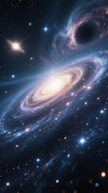 深邃宇宙太空场景，整体配色为宇宙原始色彩为主色调，主体是壮丽旋转的螺旋星系，星系中心散发着明亮耀眼的光芒，无数闪烁的星星点缀在深邃的宇宙背景中，远处有明亮的恒星和神秘的黑洞，星云呈现出柔和的宇宙原始的预览效果