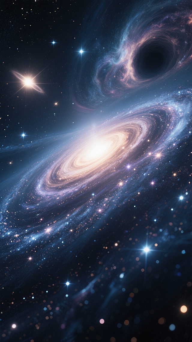 未来感与梦幻交织的宇宙奇观，3D风呈现星系旋涡与黑洞，粒子风流动光影，科技感十足的虚拟现实场景。
