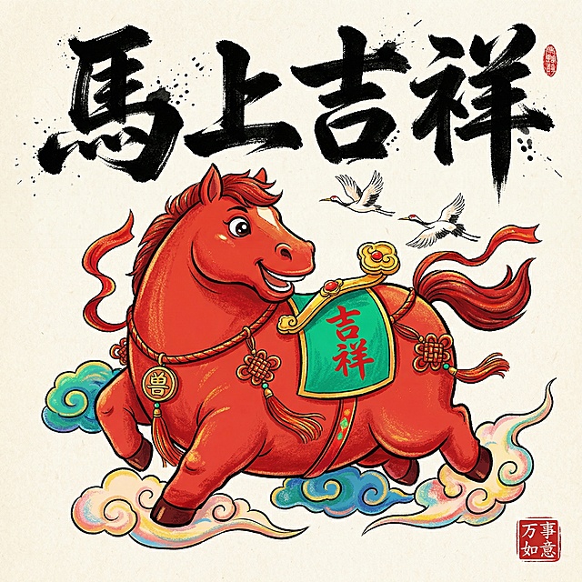 国潮风与拟人风结合，红色骏马喜庆生动，搭配水墨书法与云纹剪纸元素，传递新春吉祥祝福。