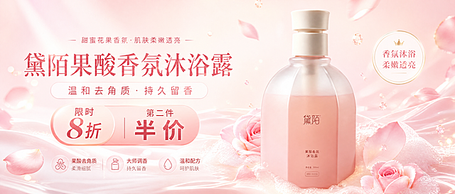 淘宝店铺首页宣传海报，尺寸宽1920像素高700像素，中心展示图中的黛陌果酸香氛沐浴露产品，主标题文字为"黛陌果酸香氛沐浴露"，副标题文字为"温和去角质·持久留香"，活动信息文字为"限时8折·第二件半价"，整体效果突出产品主题，清新温柔的粉白色调，色彩搭配合理，视觉冲击力强，电商促销风格