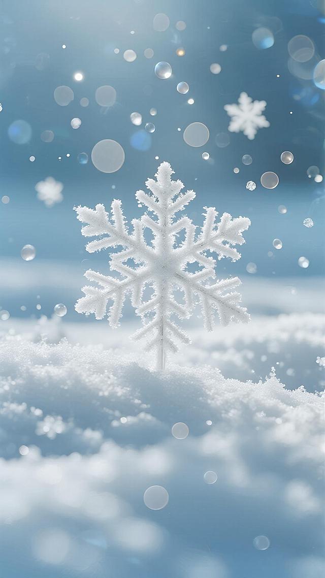 柔和的浅蓝色渐变背景，弥漫着轻盈梦幻的冬日雪景氛围，画面中点缀着大小不一、形态各异的白色雪花和光斑，雪花细节清晰，光斑呈现出柔和的圆形虚化效果，整体光影明亮通透，色调统一和谐，营造出宁静、纯洁、温馨的感觉，适合作为背景素材使用，无明显主体物，整体风格简约、清新、具有朦胧美感。