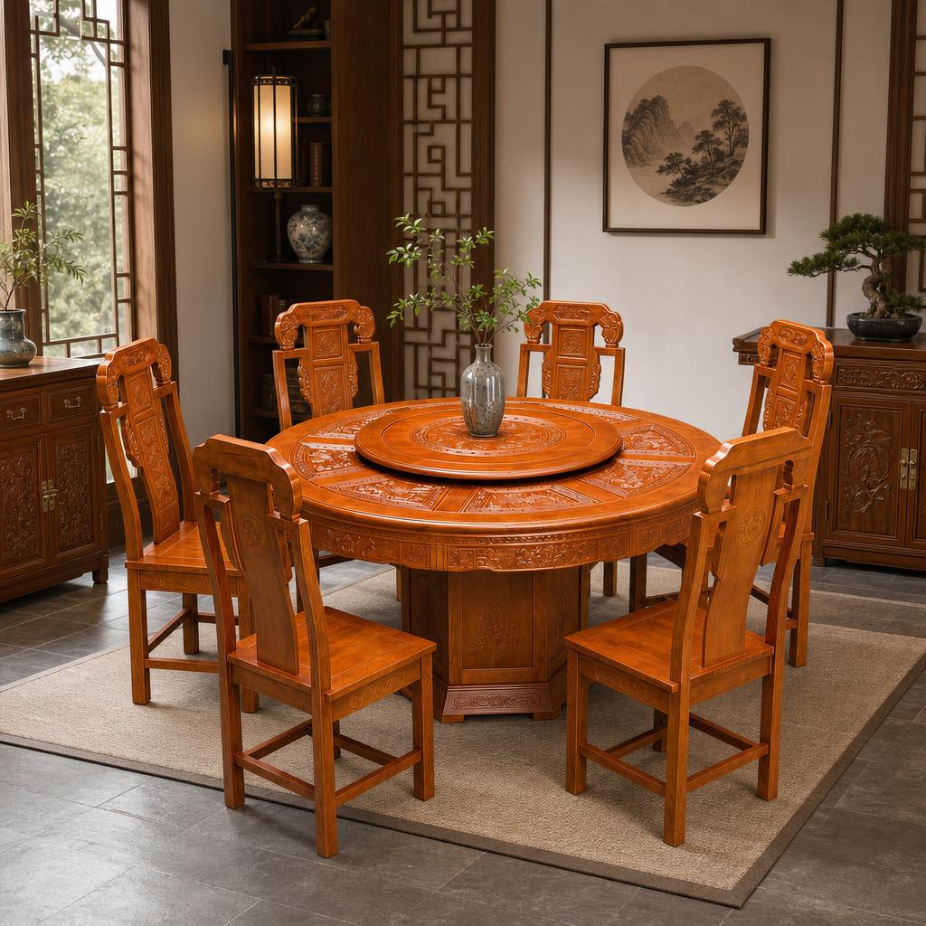 将这套餐桌家具放置在新中式风格的餐厅场景中，背景为中式实木餐厅… - 图片创意预览