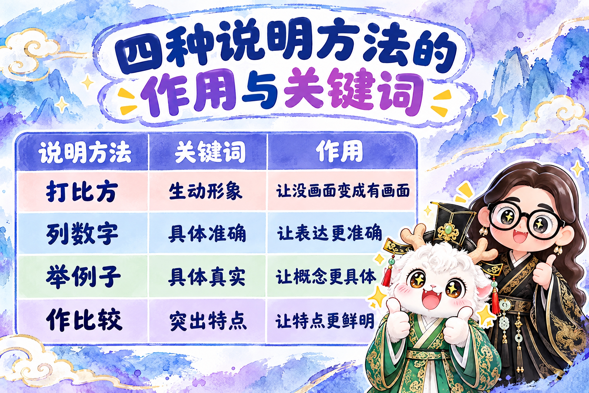 横版6寸比例的知识卡片设计，标题为"四种说明方法的作用与关键词… - 图片创意预览