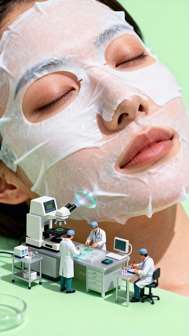 微缩实验室中的科技护肤场景，结合3D质感与超现实主义构图，清透柔和的光影营造未来感，展现面膜研发的精密与清新美感。