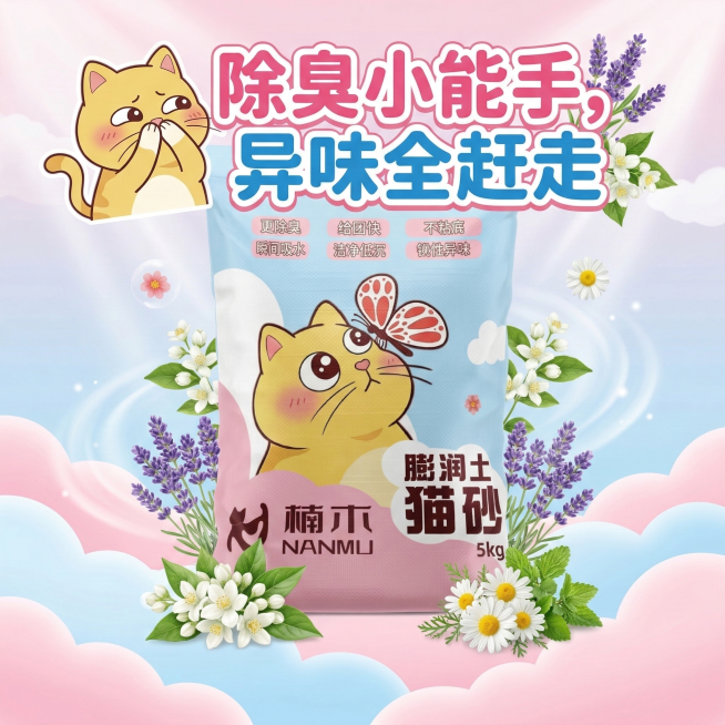 基于现有猫砂袋图片，制作拼多多1:1主图，可爱风格，突出猫砂除臭的卖点，画面添加捂鼻子的小猫咪和清新花朵元素，搭配文字“除臭小能手，异味全赶走”预览效果