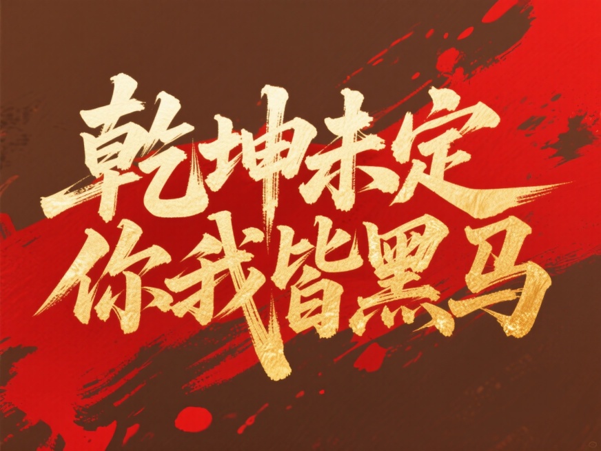 文案“乾坤未定，你我皆黑马”金色字体，红棕色背景，红金，中式预览效果