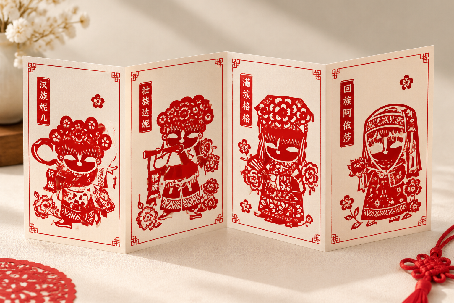一张民族文化主题的三折页展示图，折页呈微微展开的立体效果，放置… - 图片创意预览