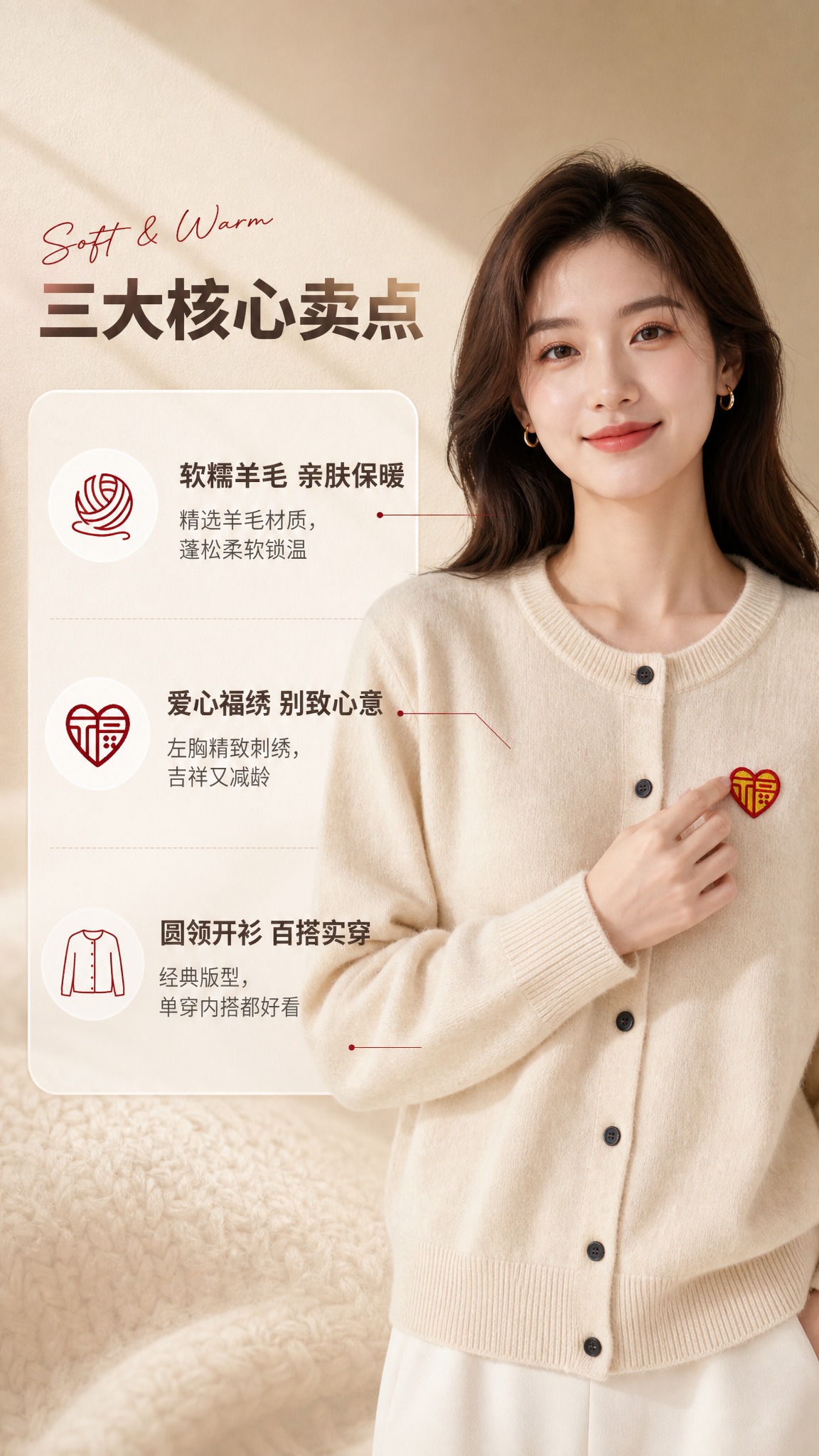 [商品] 使用【图1】【图3】米杏色圆领爱心福字刺绣羊毛开衫；… - 图片创意预览