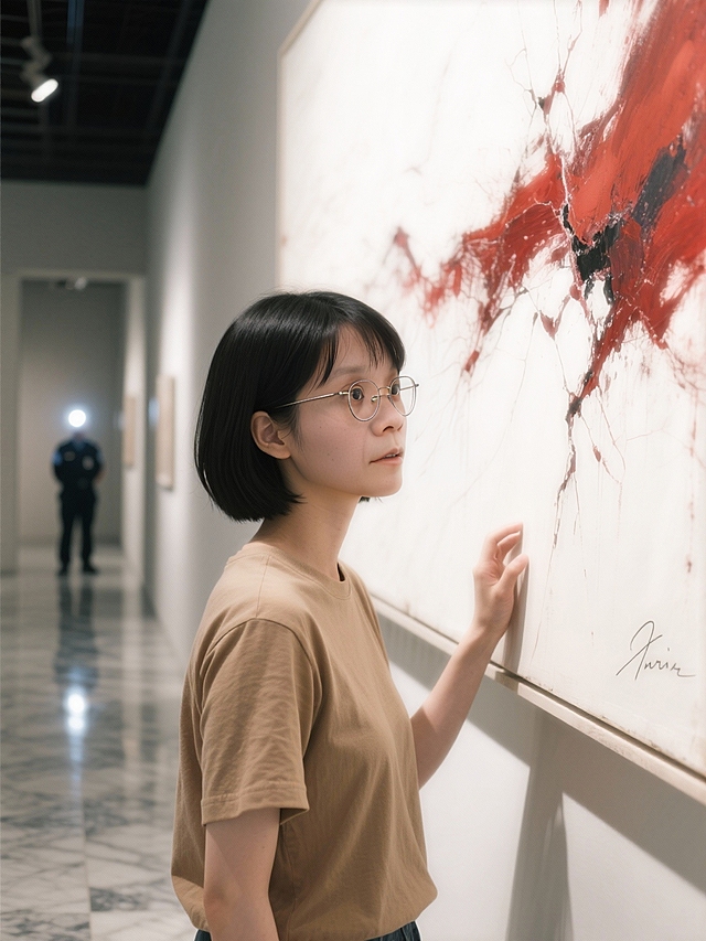 实景感与光影交织，文艺优雅中透出油画风的抽象意境，人物凝视画作，静谧氛围如诗。