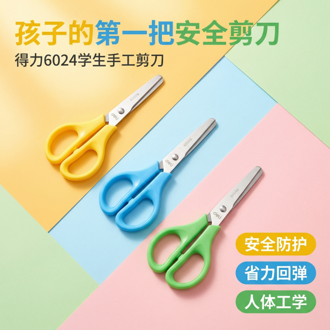 [主图 1 产品展示首图] 主图主题得力学生安全剪刀首图，氛围风格清新明亮童趣风，明亮暖调自然光，画面干净通透。画面元素黄、蓝、绿三色三把剪刀居中斜向摆放，产品完整展示，背景为马卡龙几何拼接撞色，和产预览效果