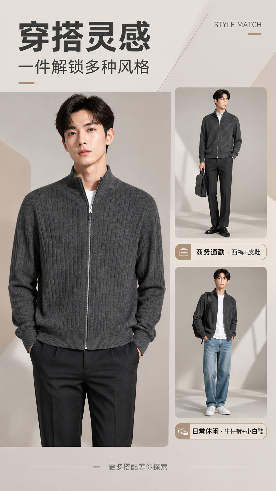 [商品] 使用【图1】深灰色男士半高领拉链针织开衫；商品处理：… - 图片创意预览