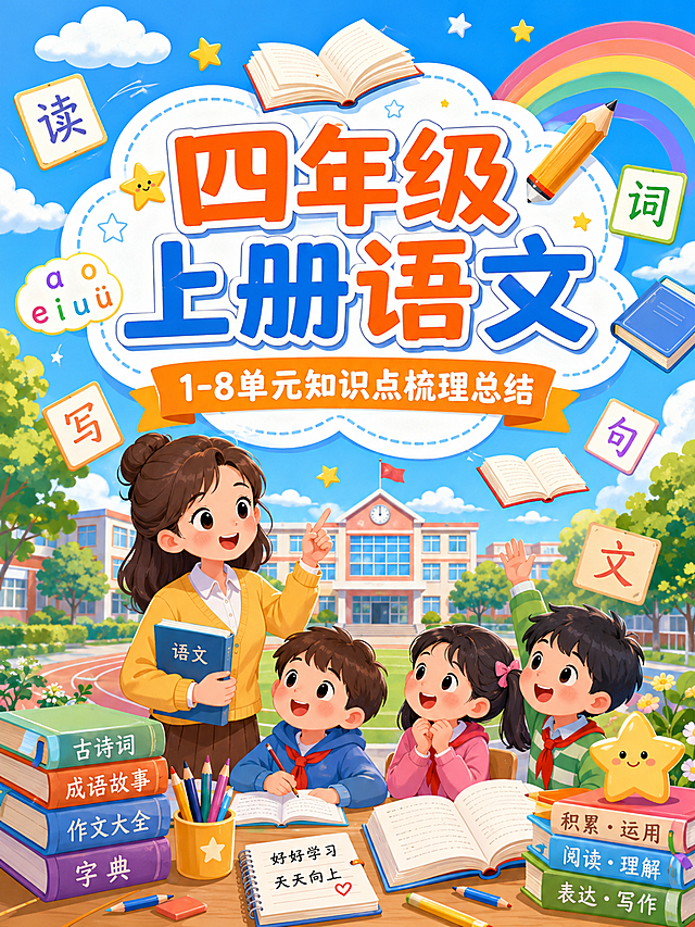 四年级上册语文知识点梳理总结封面，卡通童趣风格，明亮活泼的色彩。画面中央大标题"四年级上册语文"，副标题"1-8单元知识点梳理总结"。背景是可爱的卡通校园场景，有书本、铅笔、书本堆叠的书籍、彩虹、小星星等学习元素。卡通小学生形象可爱的卡通老师和几个可爱的小学生卡通人物，周围漂浮着汉字卡片、拼音字母、书本等语文学习元素。整体色调以蓝色、黄色、橙色为主，温馨明亮。版式精美，排版清晰，适合作为小学学习资料封面。画面中必须完整呈现以下文字信息："四年级上册语文"、"1-8单元知识点梳理总结"。画面中所有信息区域必须填充完整合理的内容，不得出现空白框或待填写区域。