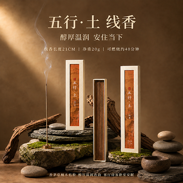 重新生成这张五行·土线香主图，保持完全相同的构图、光影、暖棕色调、石板苔藓枯木鹅卵石布景、左侧光束效果、青烟效果、文字排版。将产品包装内页颜色改为橙色/土橙色/赭橙色系，不是亮黄色也不是土褐色，是偏暖的橙色调，产品外观结构顺序保持原样，白色外盒不变。画面上方大字标题"五行·土 线香"，副标题"醇厚温润 安住当下"，中间规格"线香长度21CM | 净重20g | 可燃烧约40分钟"，底部卖点"香茅草楠木枯粉 醇厚温润香韵 客厅待客卧室安眠"。整体风格与参考图完全统一，高级商业产品摄影质感。