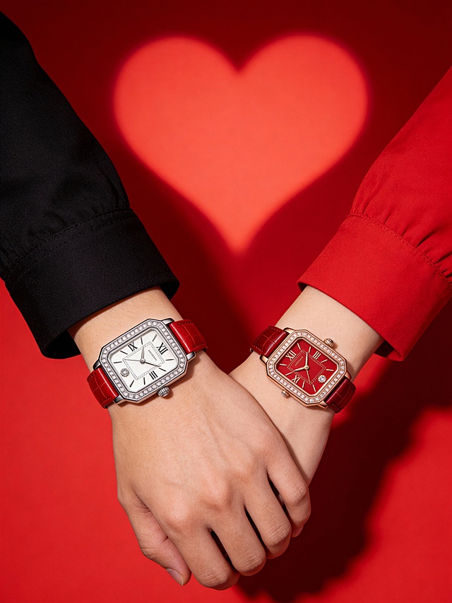 轻奢浪漫风情侣腕表静物摄影风格，画面以高饱和度正红色为背景主色调，搭配金属银、玫瑰金与棕色皮质作为视觉点缀，整体色调热烈且富有高级感。采用平视正前方的视角，主体佩戴于两只交叠的手腕上，呈自然贴合角度，大小适中，占据视觉核心区域。背景投射心形光影，手腕分别搭配黑色与红色衣袖，营造出情侣浪漫的空间感。采用柔和的全局光结合局部轮廓光，增强金属的光泽感与皮质的纹理层次，营造出明暗层次丰富的轻奢氛围，主体与浪漫热烈的场景融为一体，充满情侣腕表的甜蜜氛围与视觉张力。