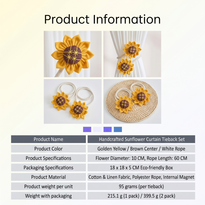 设计产品介绍详情页，尺寸800X800，产品是第一张图的新款向日葵窗帘绑带系带免打孔免安装窗帘配件收纳扎带，严格参考第二张图的产品信息排版布局，保留第二张的排版结构，去掉第二张图里的原有产品，替换为第预览效果