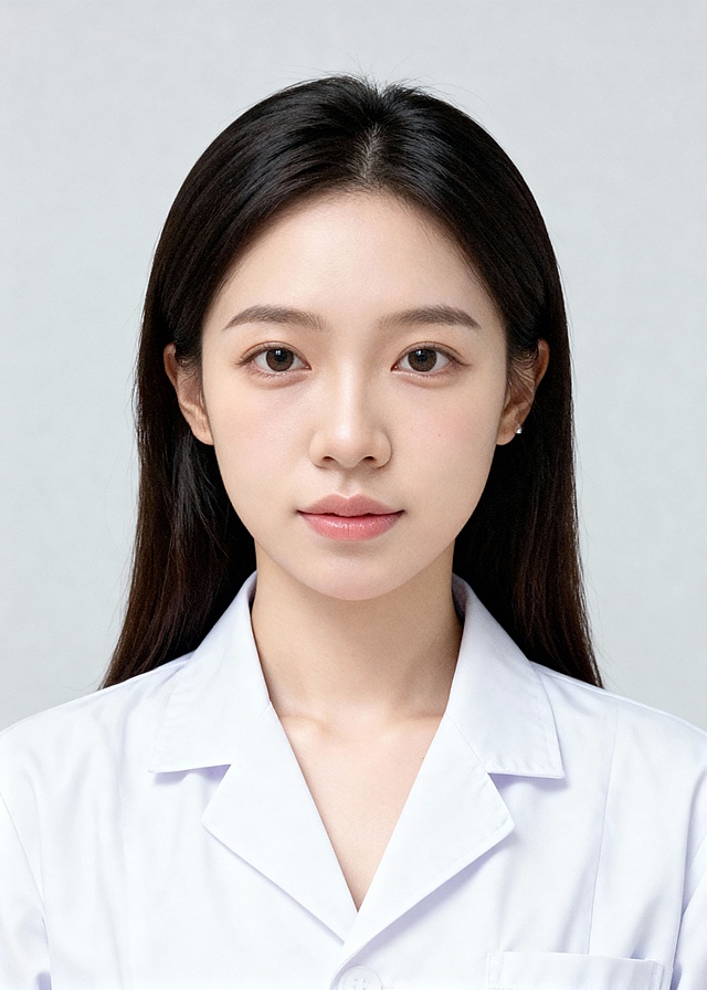 一个女生，医生职业形象照，浅灰色背景