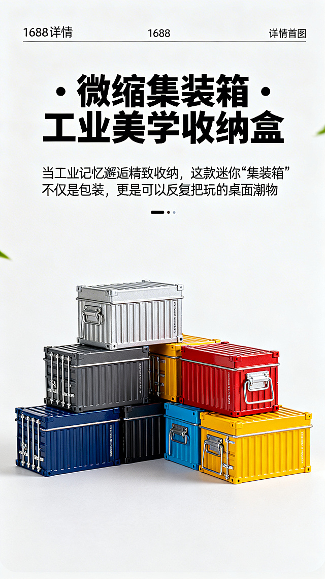1688详情首图，展示微缩集装箱造型马口铁收纳盒，产品标题为"微缩集装箱 · 工业美学收纳盒"，副标题"当工业记忆邂逅精致收纳，这款迷你“集装箱”不仅是包装，更是可以反复把玩的桌面潮物"。画面展示多种颜色的收纳盒堆叠摆放，整体风格简约工业风，突出产品硬朗的设计感和多样色彩，背景简洁干净，文字排版清晰，主标题醒目加粗放在顶部，副标题放在主标题下方。