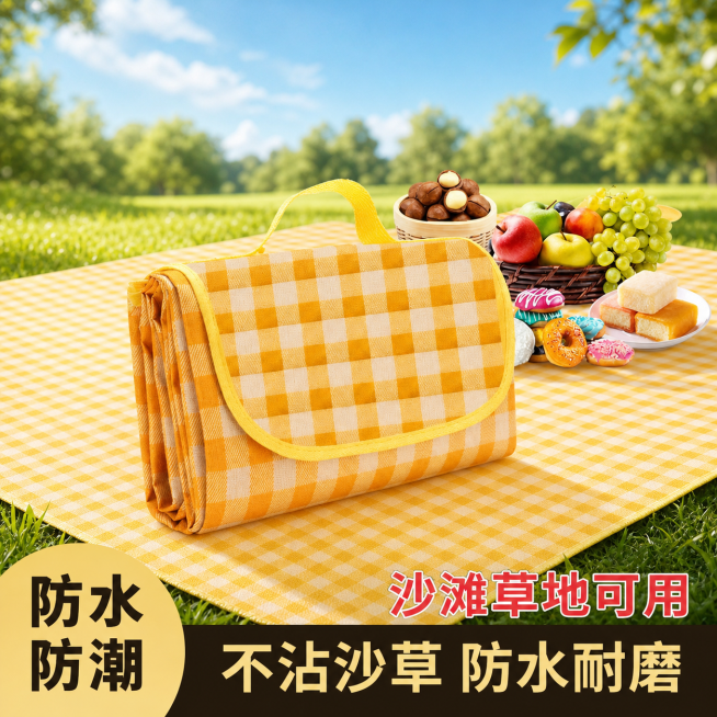 优化这张野餐垫商品图，更换背景为清新户外草坪场景，保留所有卖点文案，优化整体视觉更吸引客户点击，产品清晰突出预览效果