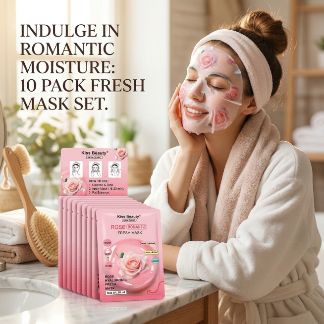 基于参考图的Kiss Beauty玫瑰保湿面膜，生成展示产品使用场景的电商图，画面中需要呈现真实的使用环境，一位女性正在使用这款面膜，营造温馨舒适的护肤氛围，让消费者有代入感，所有文字为英文，10片为预览效果