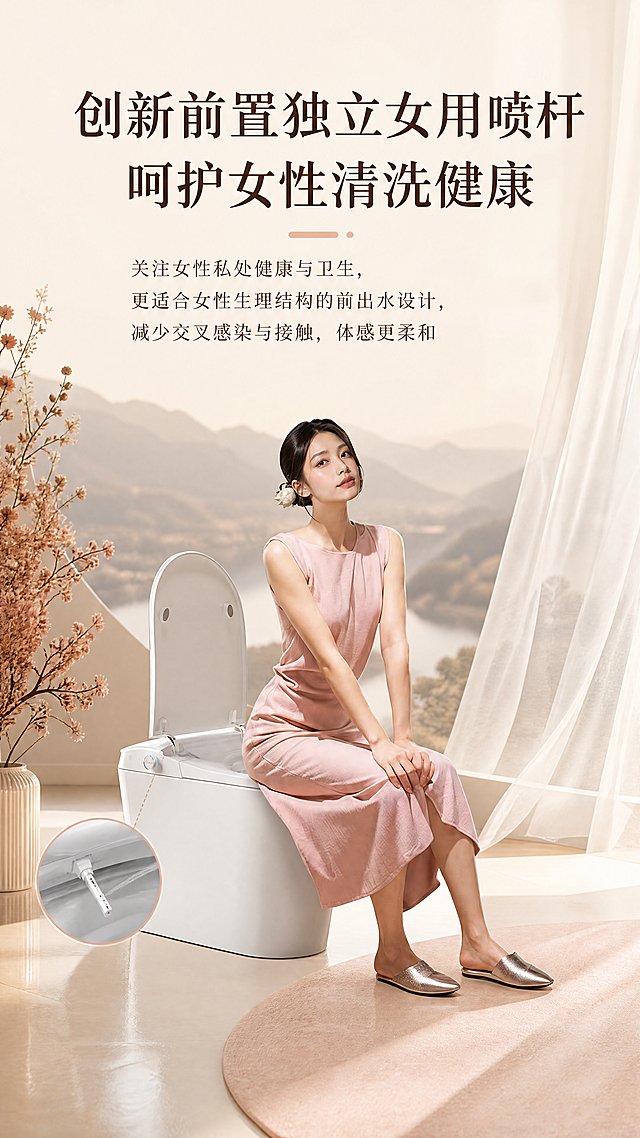 [第2屏] 女神款智能坐便器核心卖点展示，前置独立女用喷杆。本屏使用【图4】作为主体参考，【图2】作为产品主体，参考图1的整体排版风格。
[氛围/风格] 轻奢温馨奶暖风格，浅暖米色背景，通透层次感，商业摄影质感。
[元素布局] 画面上半部分是主副标题，中间区域放置模特坐在智能坐便器上的场景，保持智能坐便器的外观结构、颜色、质感和输入产品图一致，模特穿着浅粉色长裙，亚洲女性面孔，符合国内审美。左侧点缀干花装饰，右侧半透纱材质增加层次感，背景远山轮廓增加意境。
[光影质感] 左侧自然主光，右侧柔光补光，整体光影柔和，人物和产品都清晰通透，突出产品和人物的自然互动氛围。
[配色色系] 全局底色：#F5EADC（浅暖米）；主体配色：#F8F8F8（产品白）+ #E8D0B8（背景暖）+ #333333（文字深棕）；辅助色：#F0C8B0（模特裙粉）+ #C68866（干花枯色）。
[视角构图] 横向层次构图，主体模特+产品占据中下区域，文字在上半部分，竖向9:16比例，符合移动端浏览。
[文字版式] 顶部双行主标题「创新前置独立女用喷杆 呵护女性清洗健康」，深棕色大字体，居中对齐；下方三行说明文字：「关注女性私处健康与卫生，更适合女性生理结构的前出水设计，减少交叉感染与接触，体感更柔和」，深棕色小字体，左对齐；所有文字不遮挡模特和产品主体，文字清晰保持手机端可读。
[比例分辨率] 9:16竖版比例，4K分辨率，文字清晰可辨，超高清。
[负向提示词] 产品变形，结构错误，颜色偏差，缺件错件，文字错乱，水印，产品图模糊，背景杂乱，极限词，违规宣传，低俗擦边。