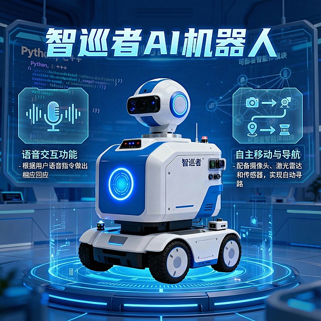 根据产品的概念图，生成产品的宣传海报。要求如下：1. 海报中应包含产品概念图；
:2 .海报应包含产品名称：智巡者AI机器人；3. 海报中展示产品的2个核心功能或优势：机器人拥有语音交互功能，可以根据用户的语音指令做出相应回应；机器人拥有摄像头、激光雷达和传感器，能够移动和自动寻路；机器人拥有可编程接口，能够部署智能体。；