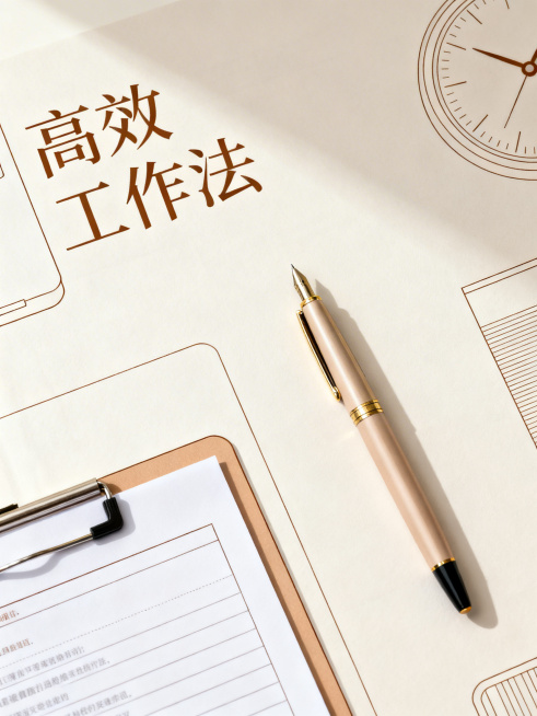 简约职场成长书籍封面，暖色系莫兰迪调，至少四种浅低对比暖色调，慕夏风格几何线条，大面积浅色留白，添加钢笔、文件、时钟的办公用品纤细线稿，标题文字“高效工作法”使用纤细无衬线字体，柔和光影，高级奢华美学预览效果