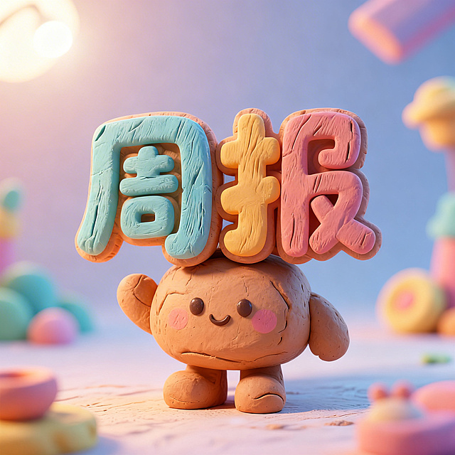 删除图像中除"周报"二字以外的所有其他文字，仅保留黏土风格的周报两个字，保持原有的超轻黏土质感和可爱软萌风格