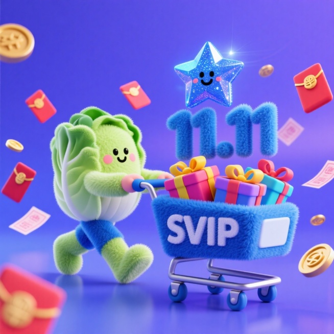 一个白菜卡通人推着一辆深蓝色“SVIP”毛绒购物车，内装各种颜色的礼物盒（带可爱笑脸元素）、“11.11”深蓝色星钻立体字，周围点缀红包、优惠券，金币，背景为蓝紫色预览效果