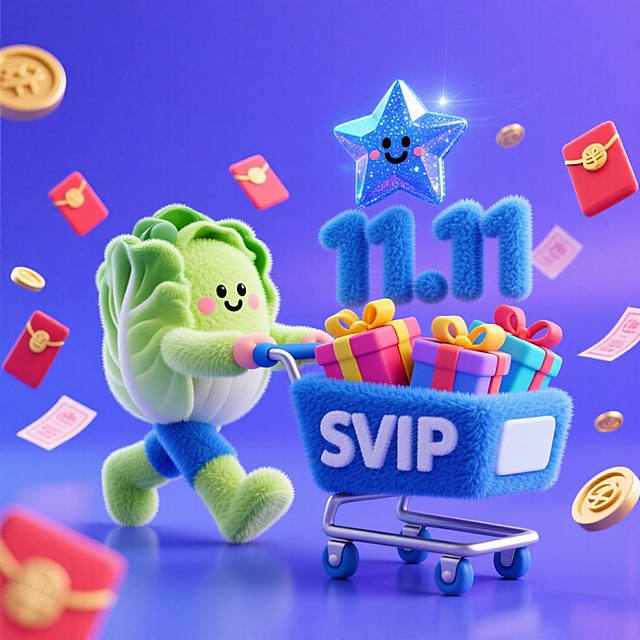 毛茸茸的拟人卷心菜推着满载礼物的购物车，3D软萌风格搭配梦幻星光与红包金币，营造出喜庆可爱的促销氛围。
