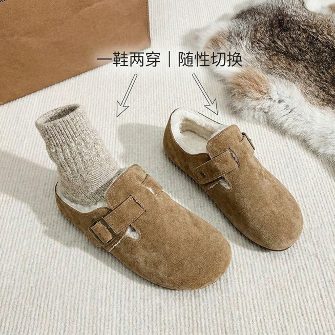 构图： 平铺或小幅俯拍。

内容： 清晰展示 “两穿”功能。左边鞋子是踩跟状态，右边是提跟正常穿着状态。可以搭配一双有纹理的素色袜子（如燕麦色羊毛袜）展示踩跟穿法。

文案： 在图片上简洁标注：“一鞋预览效果