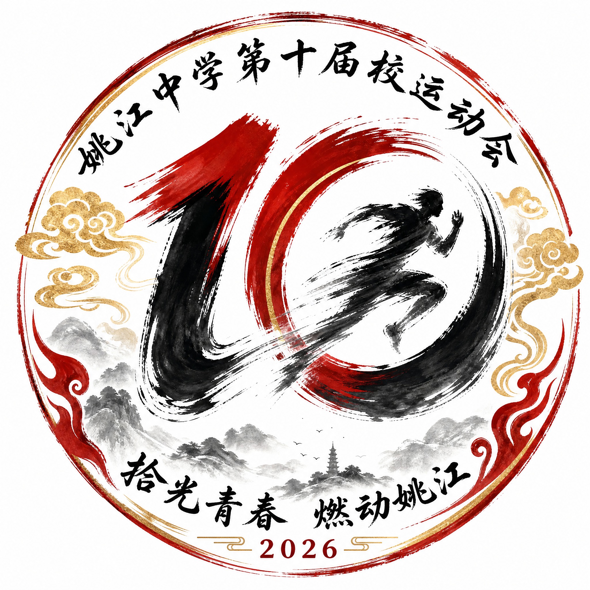 重新设计一个姚江中学第十届校运动会会徽，国潮水墨风格，中国风毛… - 图片创意预览