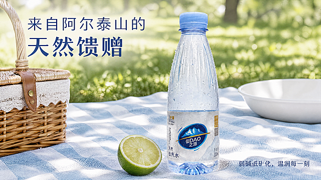 超写实商业产品摄影。
主体：瓶装饮用水严格参照上传产品图，完整保留所有可见组件、部件、轮廓、结构、比例、材质、颜色与产品本体上的文字信息（logo/型号/规格/参数等），与上传图完全一致；清除产品本体之外的多余信息，产品作为唯一视觉焦点，自然融入场景光影，与场景共处同一物理空间。
构图：中近景构图，产品居中偏右，完整展示产品轮廓。
风格：户外野餐清新风，自然休闲氛围感。
场景：春日户外草坪野餐场景，自然休闲出行场景。
空间承载：产品放置在浅蓝白格纹棉麻野餐布上，背景是柔和虚化的树荫草地。
道具陈设：①产品旁，半块切开的青柠，新鲜青绿色果肉；②野餐布角落，藤编野餐篮，浅棕色天然藤编；③远处树荫下，白色陶瓷餐盘，干净哑光白。
配色/材质：浅蓝/白色/青绿/浅棕，棉麻/天然藤草/陶瓷/新鲜水果，色调清新和谐。
光影：正午柔和自然光透过树叶洒落，斑驳树影，清透高亮平光，瓶身冷凝水珠晶莹剔透。
文字版式：画面左上角添加文字，大字主文案写"来自阿尔泰山的天然馈赠"，右下角小字文案写"弱碱低矿化，温润每一刻"。文字排版透气，不遮挡产品主体，深蓝色字体和浅蓝背景对比清晰，自然融入场景。
参数：4K写实高清。严格锁定宽高比为 16:9