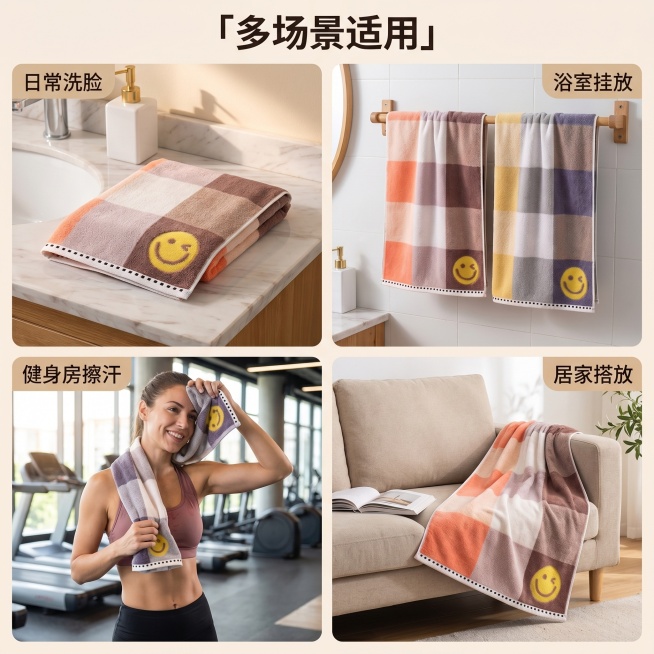 [主图 4] 笑脸格纹棉质浴巾多场景适用展示图。
[氛围风格] 生活化温馨氛围感，真实自然；
[画质] 商业摄影质感、光线柔和通透、产品清晰真实、画面干净高级。
[元素] 采用四宫格构图，四个宫格分别预览效果