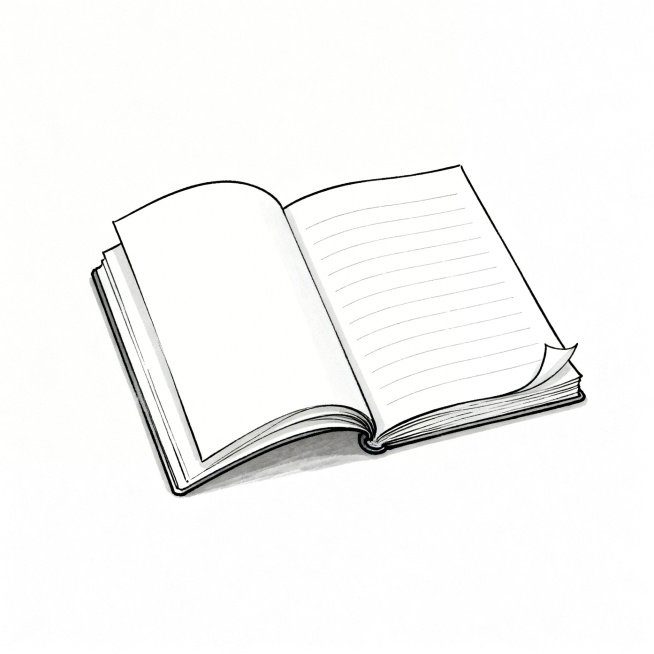 简约风格小程序头像，核心元素为一本半翻开的作文本，页面边缘有轻微卷边，搭配纤细的钢笔线条勾勒，整体采用极简的黑白配色，画面干净利落，传递出“翻篇”的轻盈感与书写的纯粹感预览效果