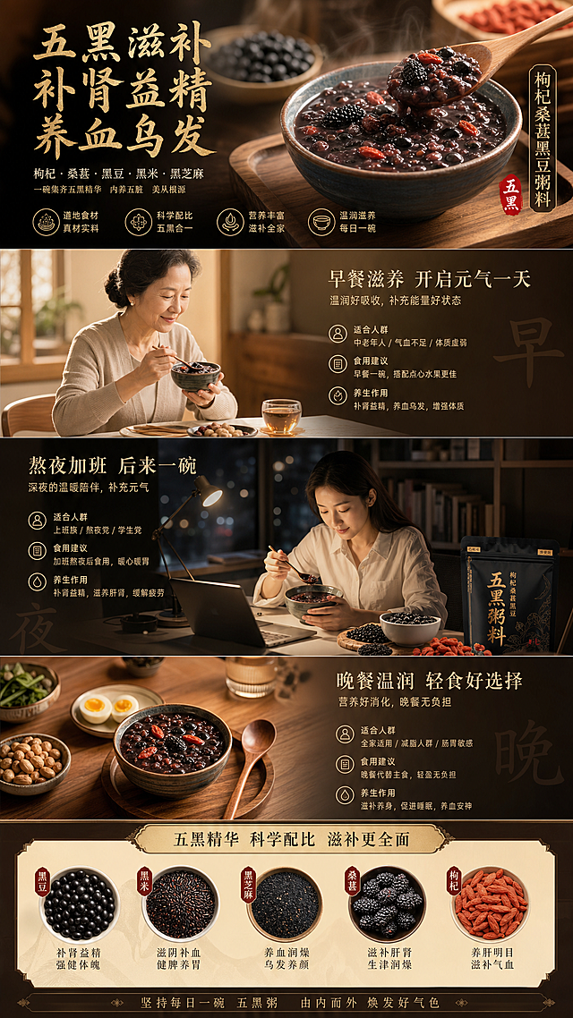 电商分屏详情页，展示枸杞桑葚黑豆粥料日常食用场景，适合熬夜上班族、中老年、气血不足人群作为早餐晚餐，突出五黑滋补补肾益精养血乌发的产品理念，场景温润养生，风格自然滋补