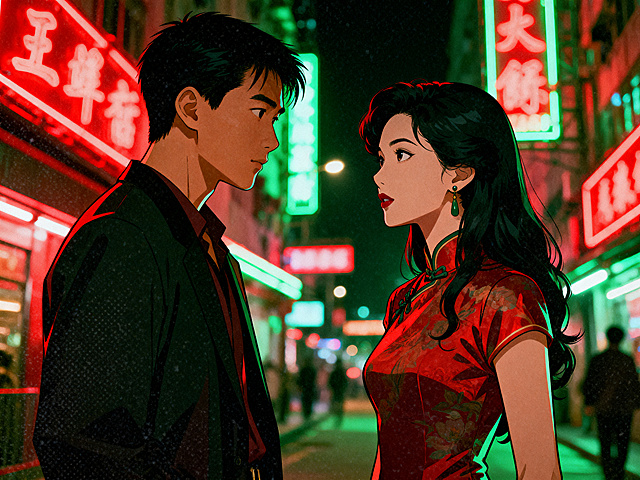 一位短发中国年轻男人和一位长发穿旗袍的中国年轻女人面对面站着，王家卫风格，赛博朋克霓虹灯，夜晚香港街道，电影质感，胶片颗粒感，红色与绿色色彩碰撞，电影光效，中景景别，浅景深，8K高清画质，大师之作，整体为动画人物风格
