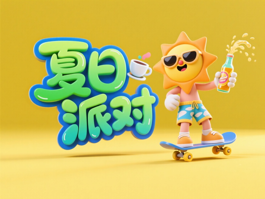 3D潮流卡通。文字“夏日 派对”（绿色填充，蓝色描边+投影），装饰太阳（《茶杯头》风格，拟人化，穿着沙滩裤，滑着滑板，带着太阳镜，手里握着一瓶饮料（液体向外倾洒的动态感）），背景黄色预览效果